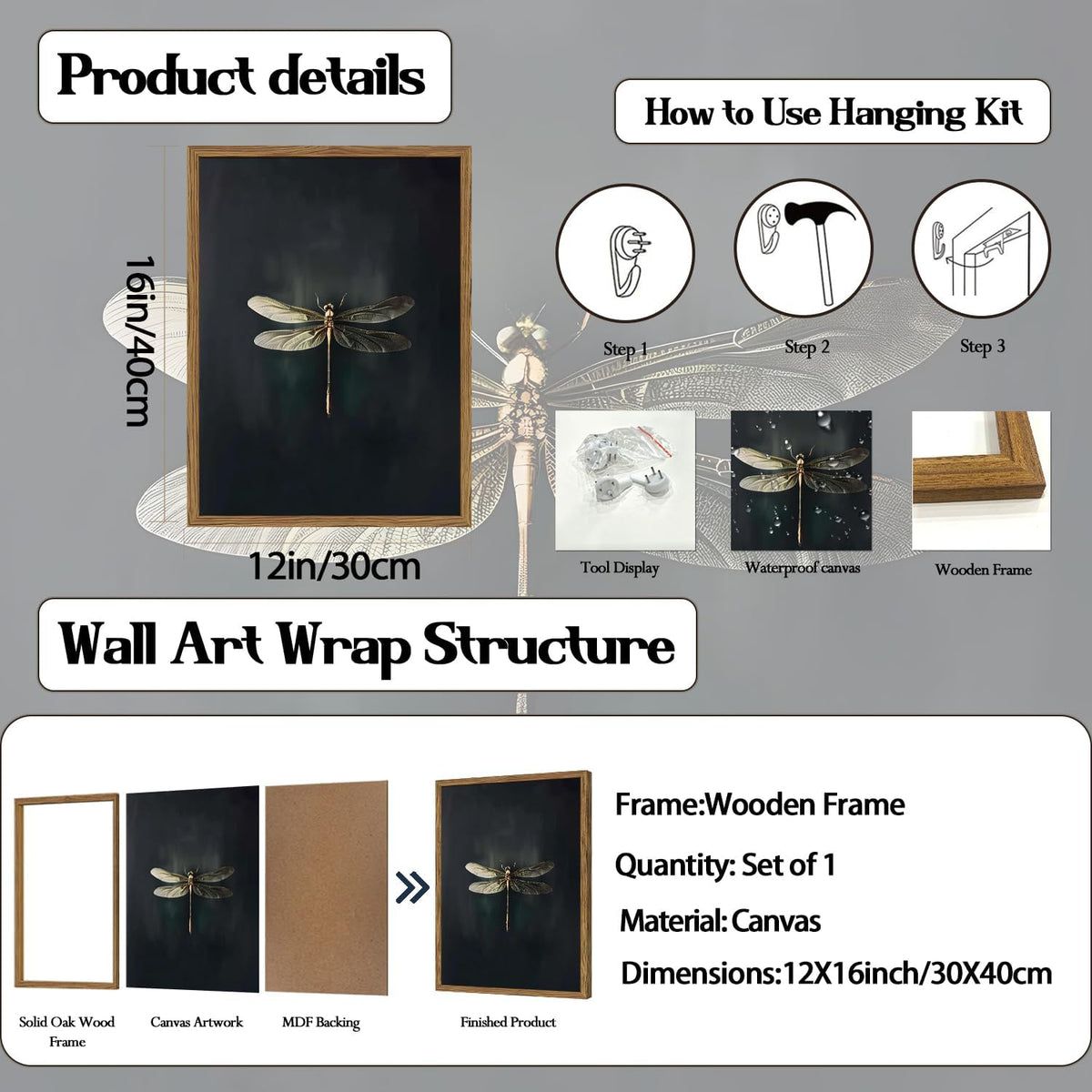 Vintage Dragonfly Framed Canvas Wall Art