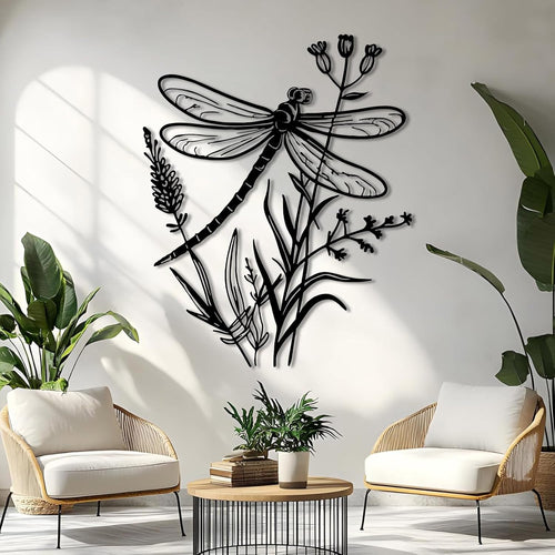 Black Dragonfly Flower Metal Wall Decor