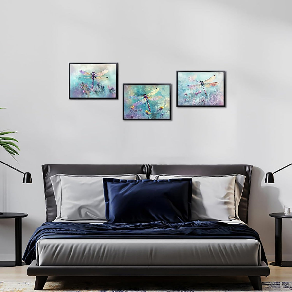 Blue‑Purple Dragonfly Flower Wall Art Set