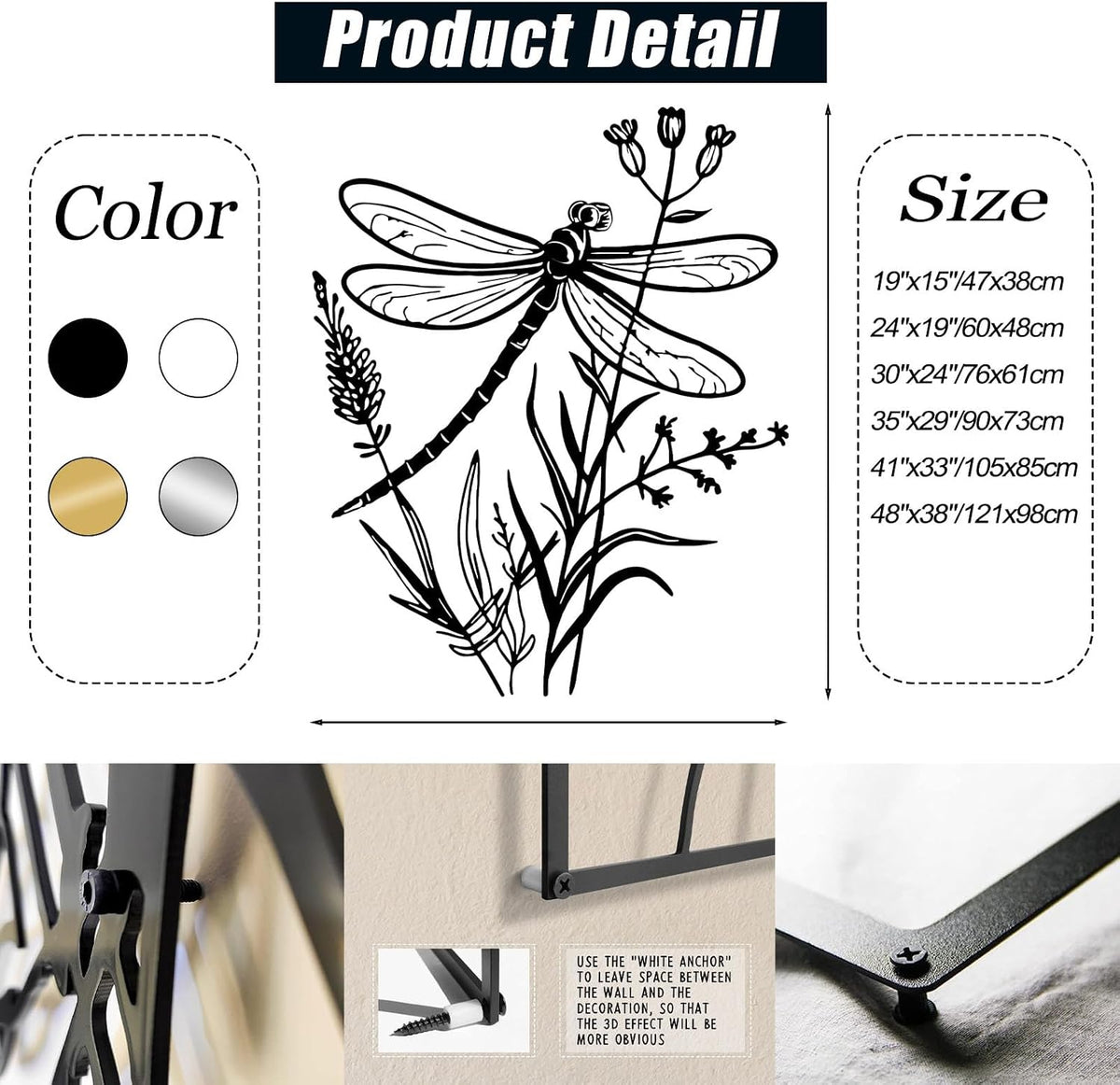 Black Dragonfly Flower Metal Wall Decor