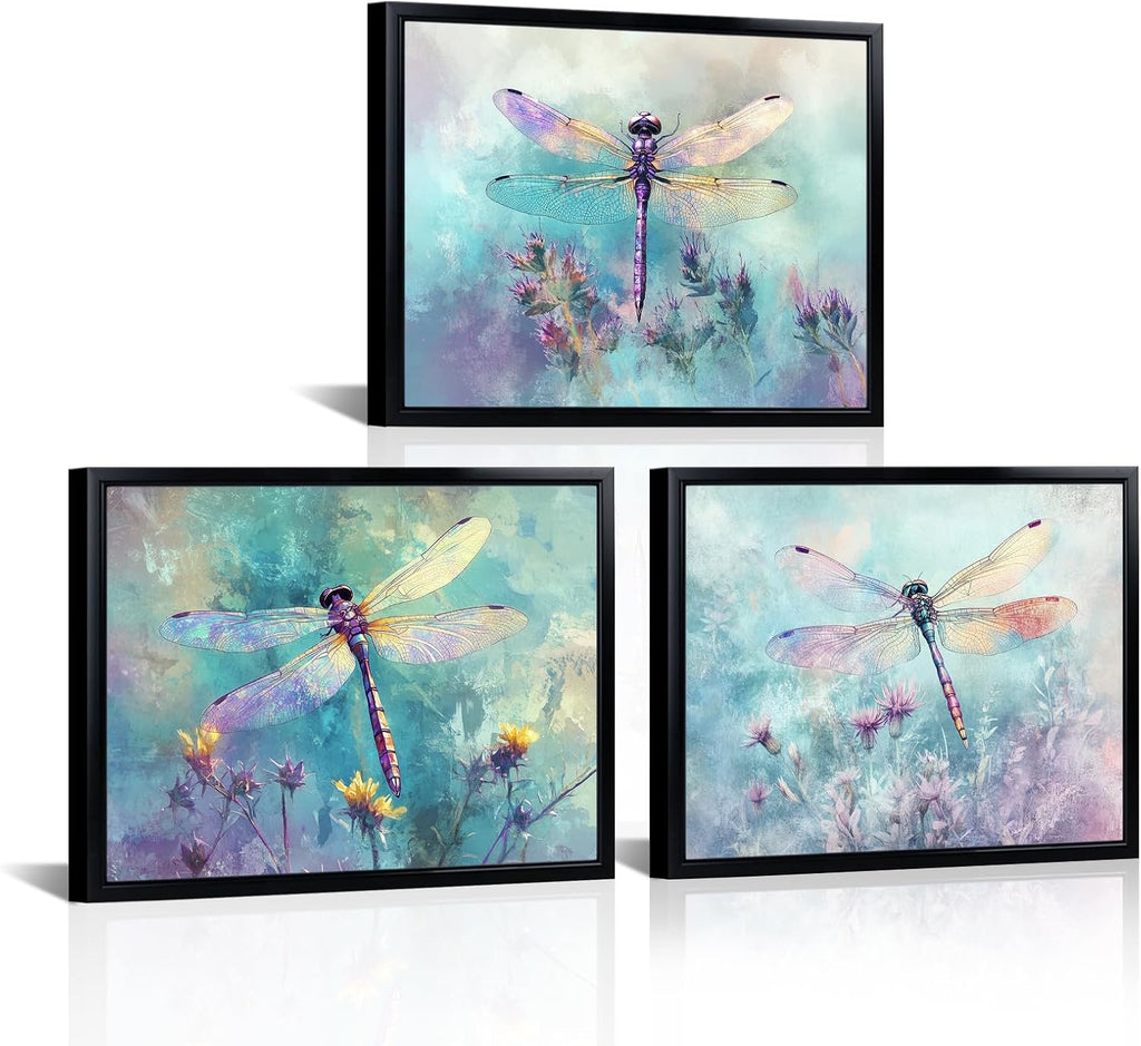 Blue‑Purple Dragonfly Flower Wall Art Set