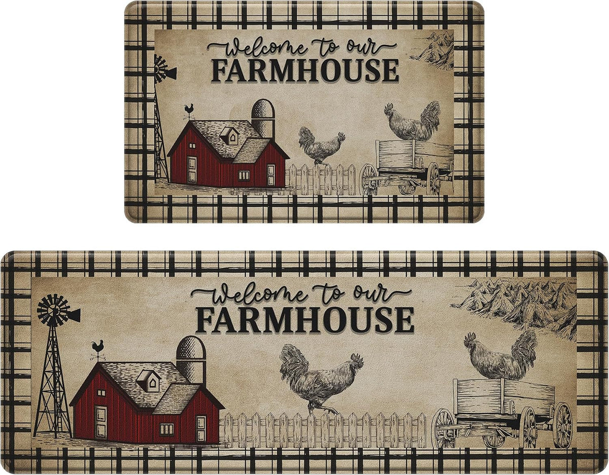 Retro Rooster Farmhouse Kitchen Rug Set