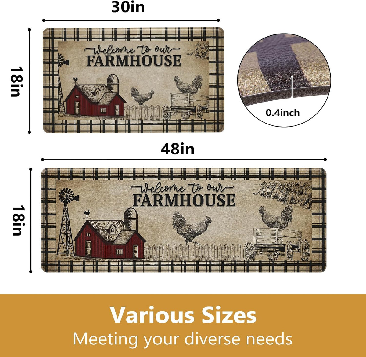 Retro Rooster Farmhouse Kitchen Rug Set