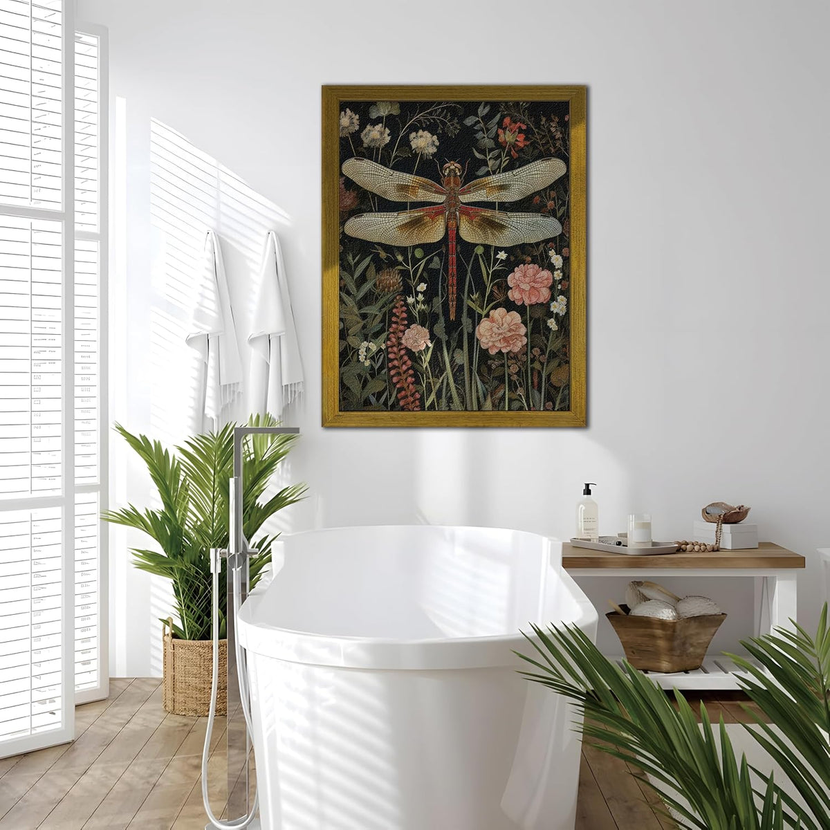 Vintage Dragonfly Flower Framed Wall Art