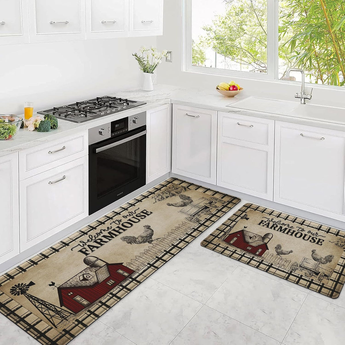Retro Rooster Farmhouse Kitchen Rug Set