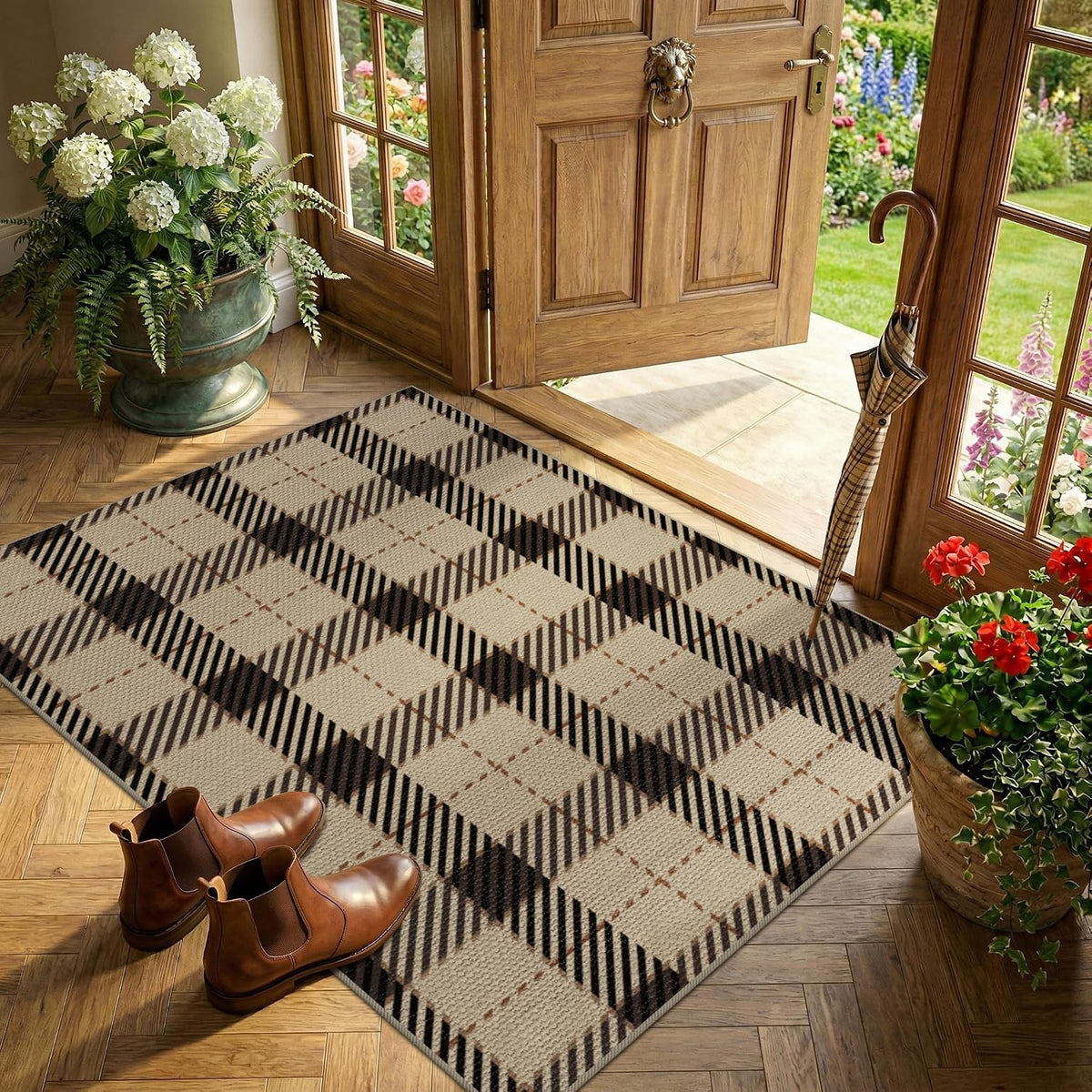 Washable Farmhouse Plaid Entryway Rug