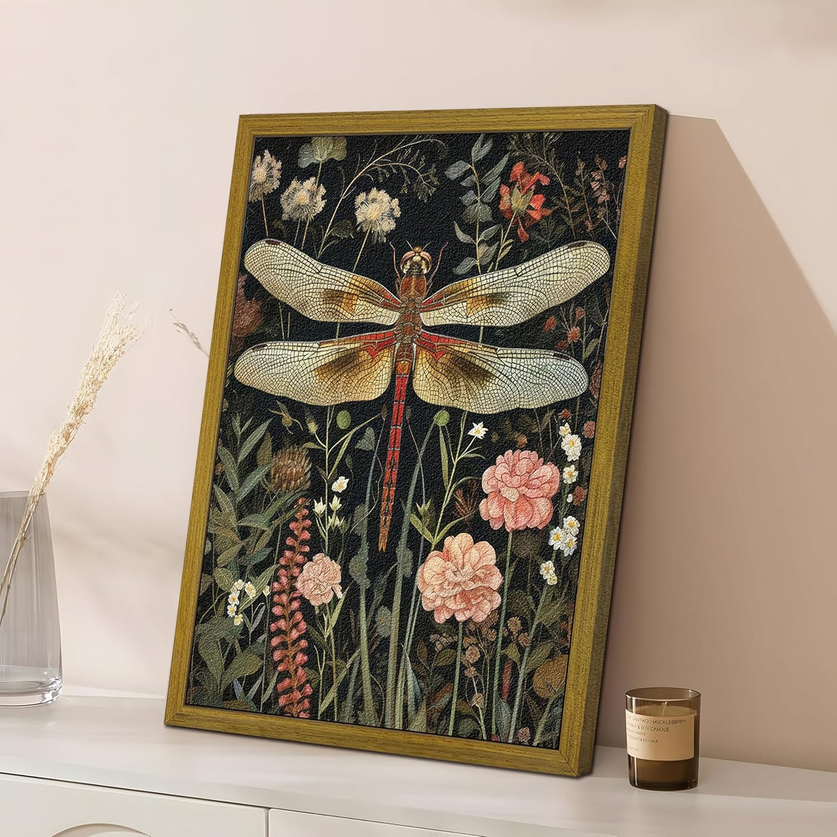 Vintage Dragonfly Flower Framed Wall Art